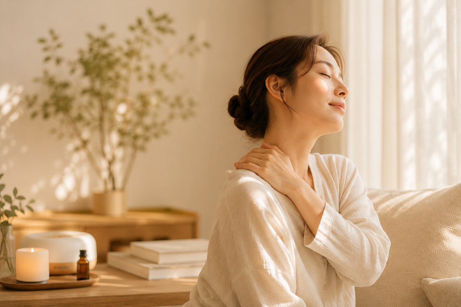 现代女性关注肩颈疲劳与身体状态的 wellness 场景
